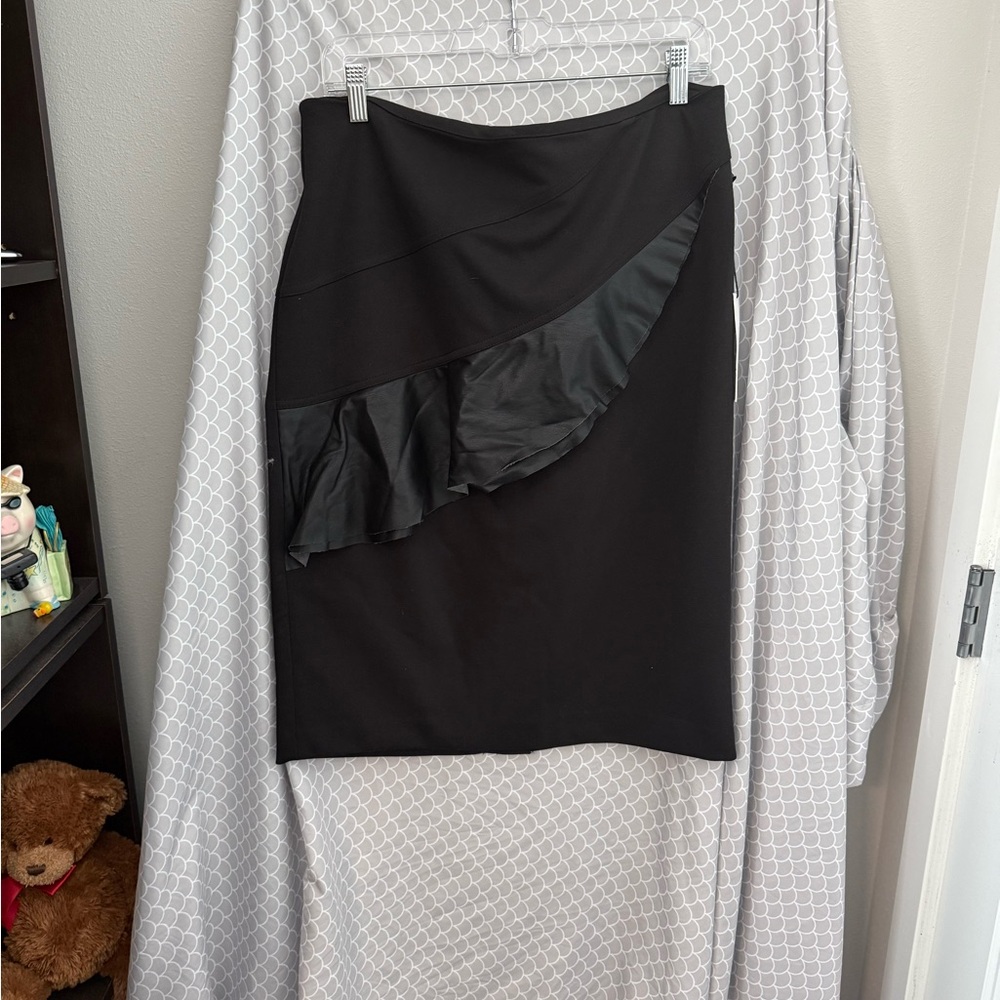 NWT Calvin Klein Black Pencil Skirt with Faux Leather Ruffle Accent